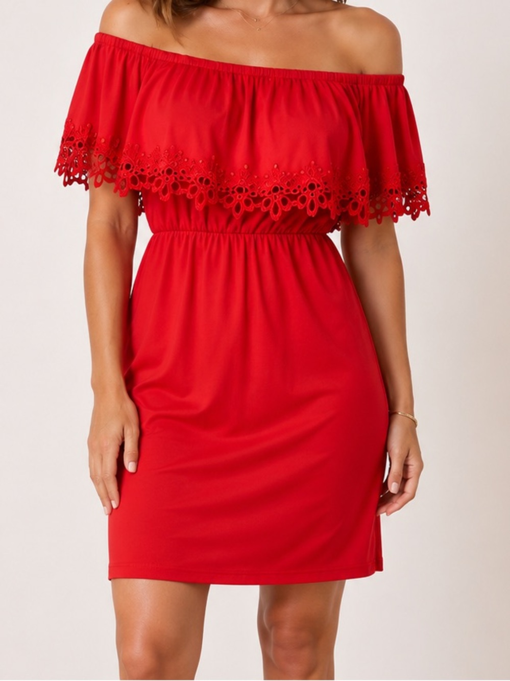 Chico’s Off Shoulder Red Maxi Dress Crochet Lace Trim Stretch Size 1 Medium NWT
